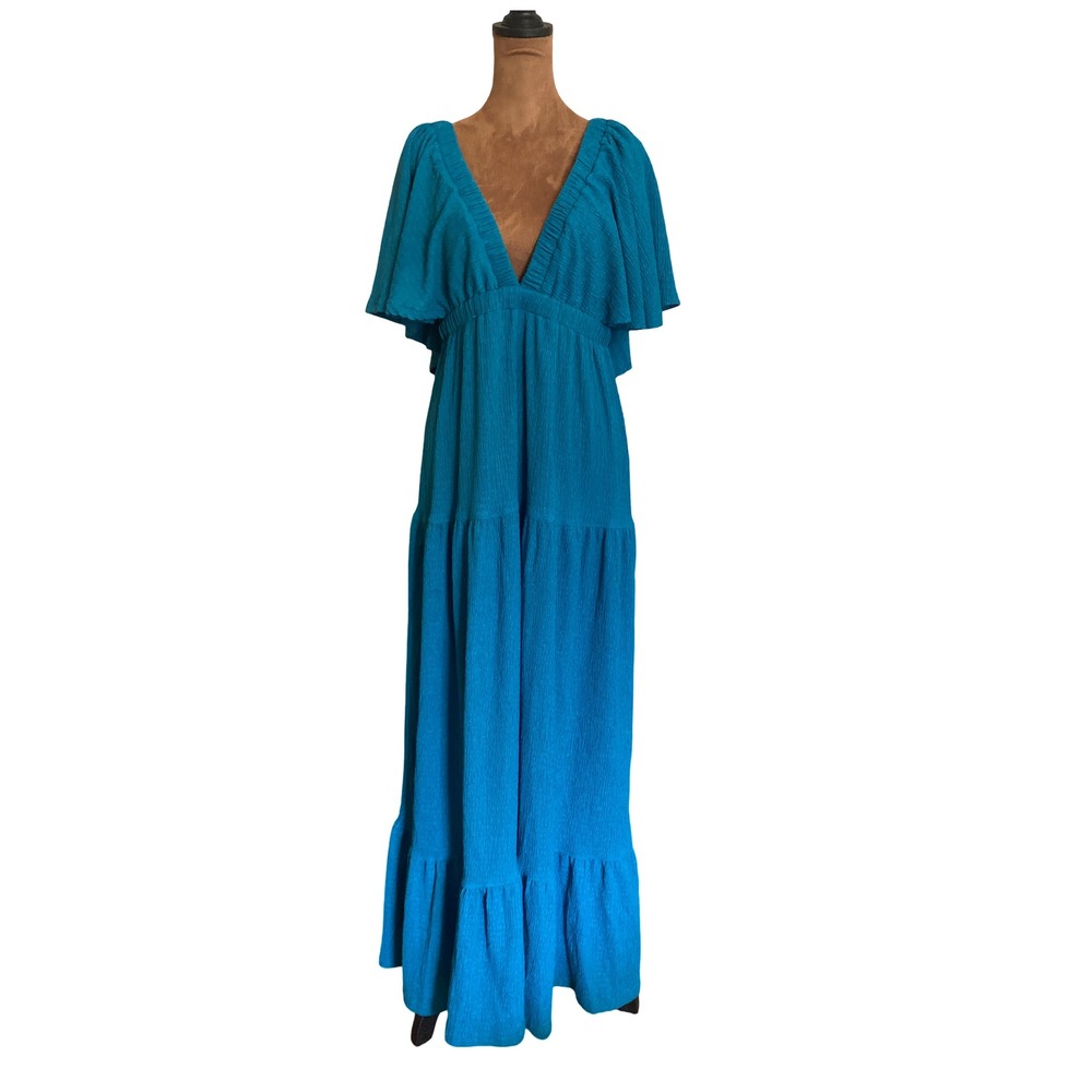 Kikibell Turquoise Blue Textured V-Neck Tiered Maxi Dress Flutter Sleeve Medium